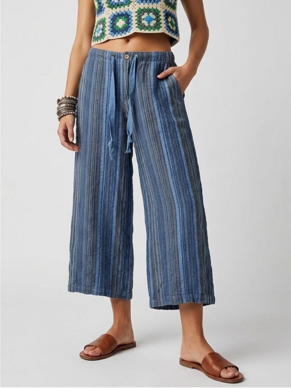 Sundance Striped Wide Leg Crop Pants Sz Xs Blue Coastal Boho Indie